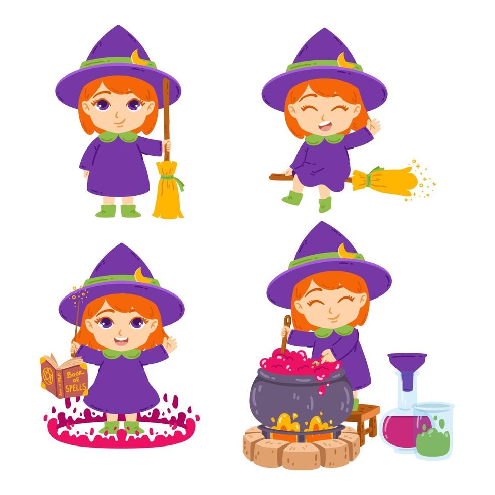 Cute little redhead witch with broom, hat, book of spells, magic wand and pot. The sorceress is brewing potions. Set of elements for Halloween. Vector illustration isolated on white background.