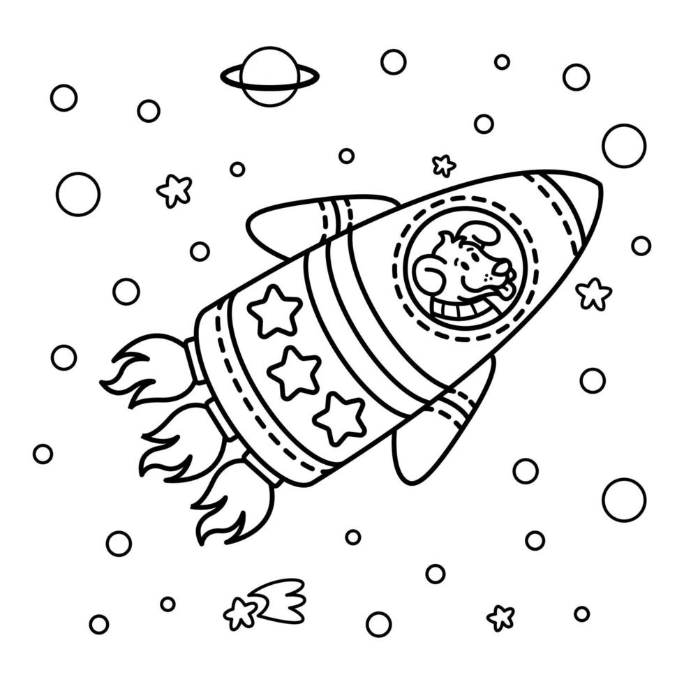 Dog in a rocket spaceship. Star galaxy. Cute cosmonaut dog in outer space. Vector illustration on the space theme in childish style. Picture for coloring book.
