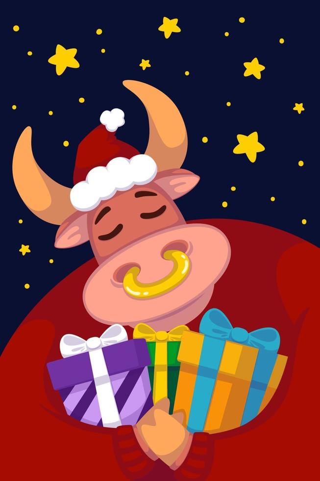 Bull in a santa hat and a red sweater with gifts against the background of the starry sky. Year of the ox. Happy Cow. New year and merry christmas illustration. Chinese zodiac symbol of the year 2021. vector