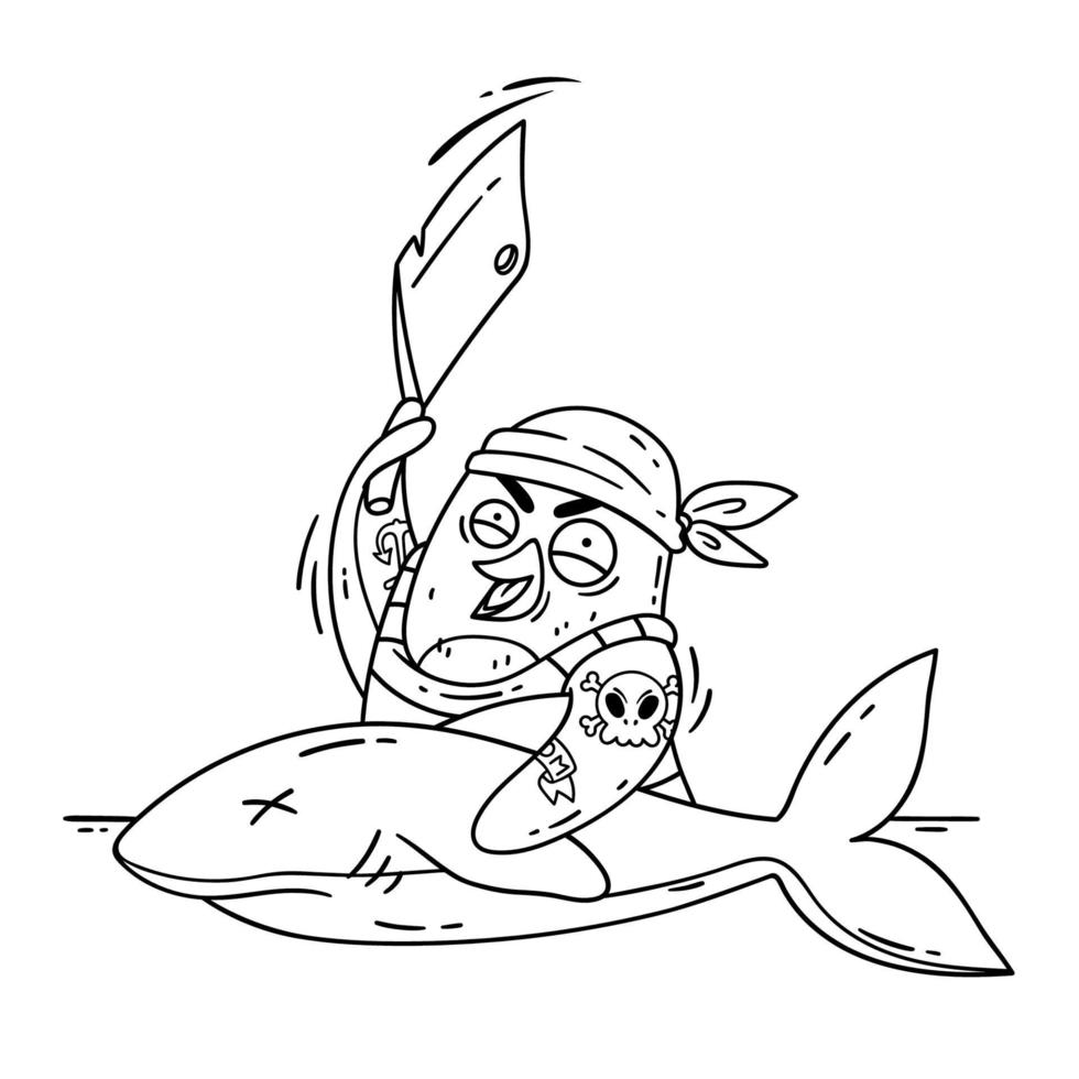 Crazy pirate penguin cuts a shark with a cleaver. Cook on the ship cooking fish. Funny bird vector illustration isolated on white background in doodle style. Picture for coloring page.