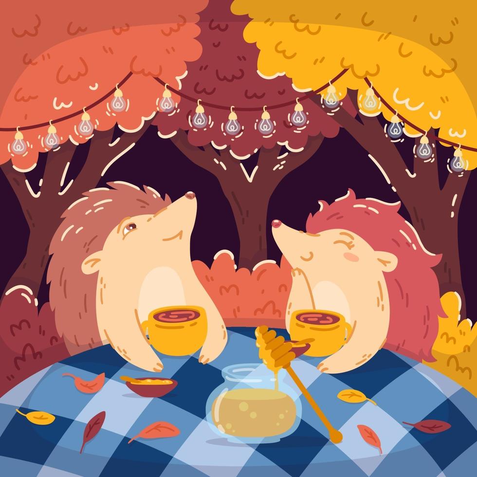 Hedgehogs tea party in the autumn forest, with a jar of honey. Glowing garlands hang on the trees. Children's vector illustrations for books, posters, and postcards. Woodland background.