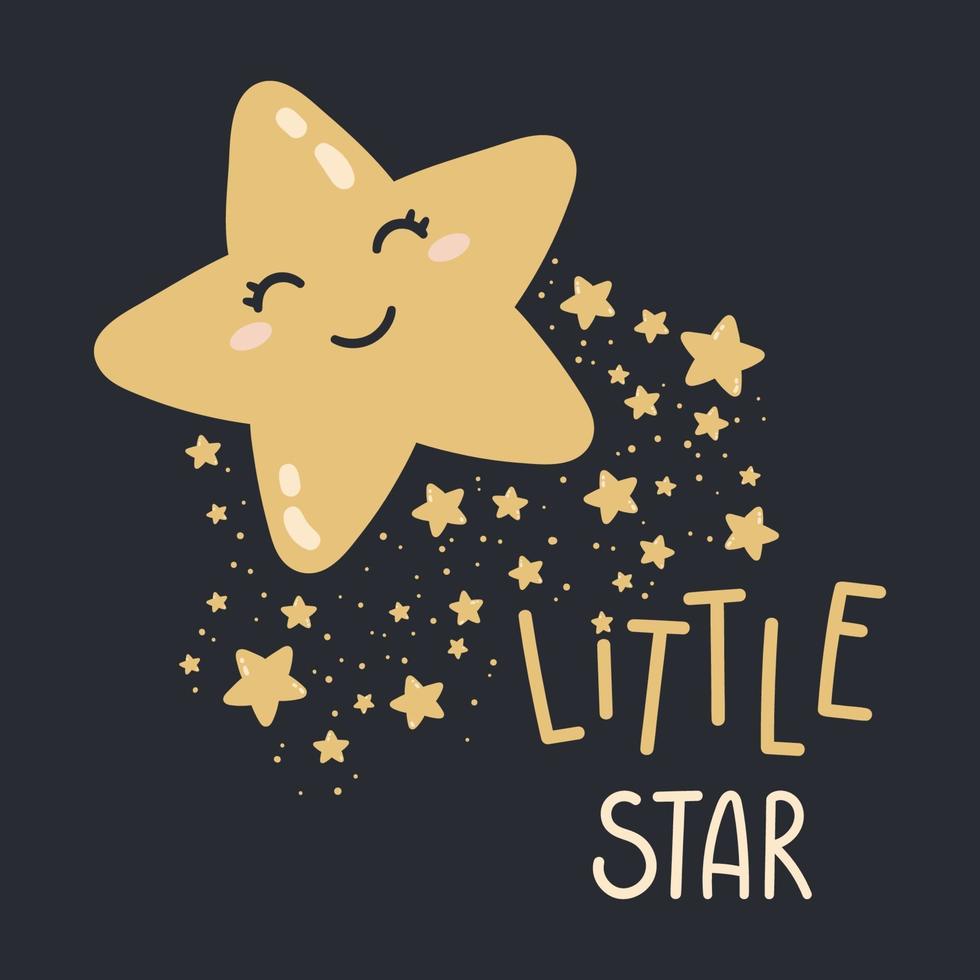 pequeña estrella feliz sobre un fondo oscuro. buenas noches ilustración vectorial. impresión para la habitación del bebé, tarjetas de felicitación, camisetas y ropa para niños y bebés, ropa de mujer. vector