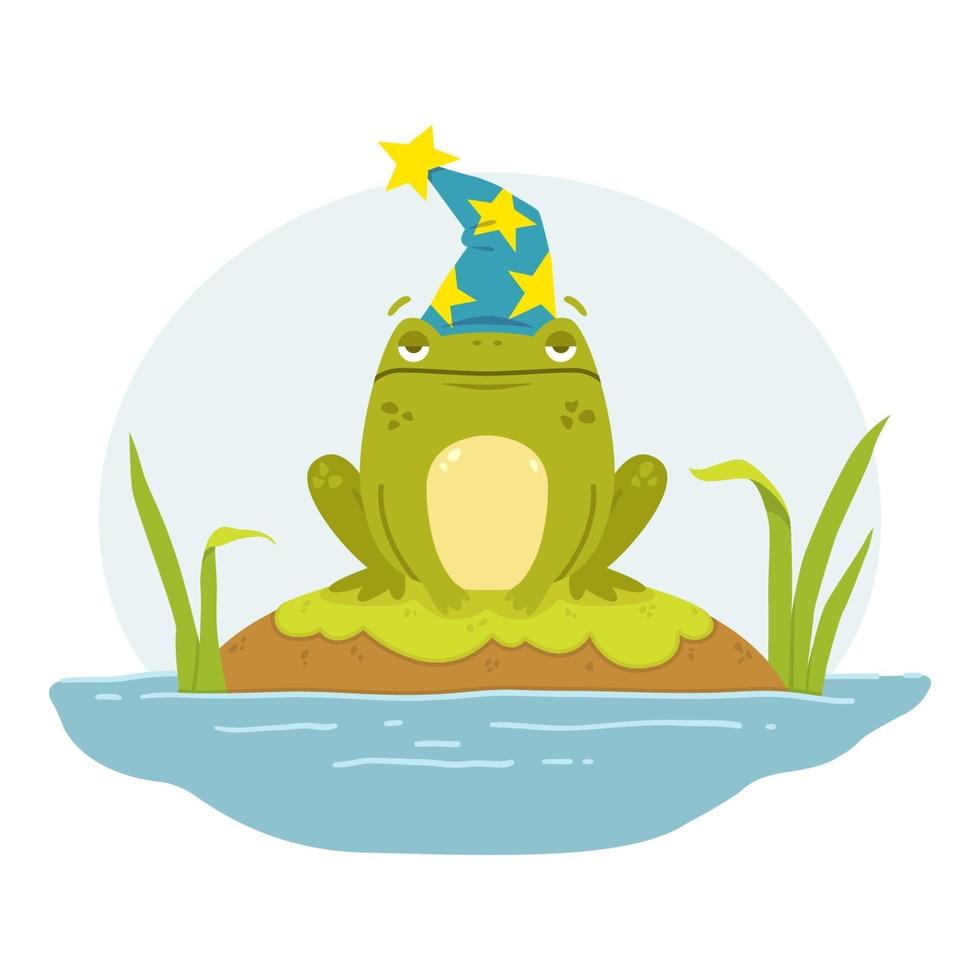 A frog in a swamp in a wizard's hat. Toad  Merlin. Cute flat hand drawn character. Illustration for fairytales book. Vector illustration isolated on white background.