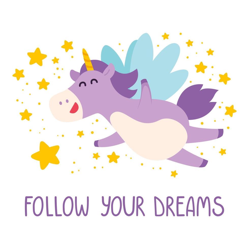 lindo unicornio vuela en el cielo estrellado. sigue tu tarjeta de sueños, póster, pancarta, diseño de camiseta. unicornio regordete púrpura mágico con melena violeta y estrellas fugaces. ilustración vectorial. vector