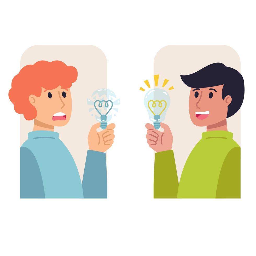 Two men with light bulbs in their hands, bad and good idea. Insight, inspiration, eureka, aha moment making decision, thinking concept. Vector flat illustration.