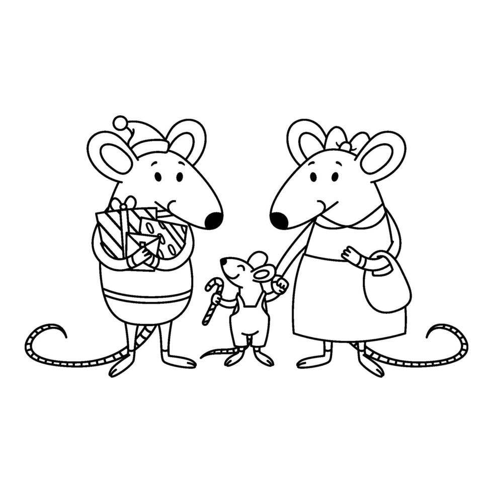 familia de ratas navideñas. papá con regalos, mamá sostiene a un niño de la mano, un niño con bastón de caramelo. feliz año nuevo chino ratones. Ilustración de contorno vectorial para colorear página. vector
