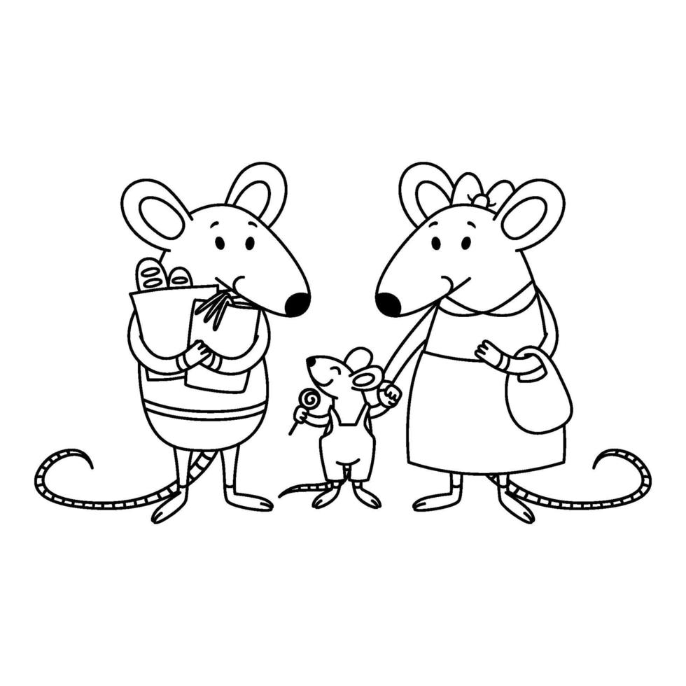 familia de ratas. papá sostiene paquetes con compras en la tienda, mamá sostiene a un niño de la mano, un niño pequeño con dulces. Ilustración de vector de personaje animal de dibujos animados. esquema para colorear libro.