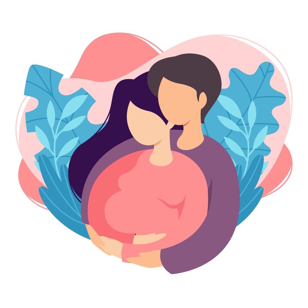 los futuros padres, hombre y mujer, esperan un bebé. pareja de marido y mujer se prepara para convertirse en padres. hombre abrazando a mujer embarazada con vientre. maternidad, paternidad. ilustración vectorial plana. vector