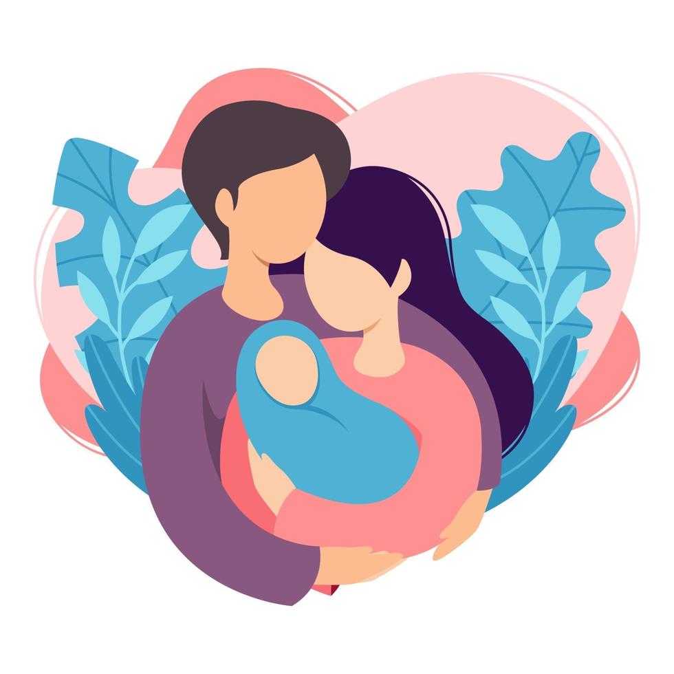 madre y padre sosteniendo a su bebé recién nacido. pareja de marido y mujer se convierten en padres. hombre abrazando a mujer con niño. maternidad, paternidad, paternidad. ilustración vectorial plana de dibujos animados. vector