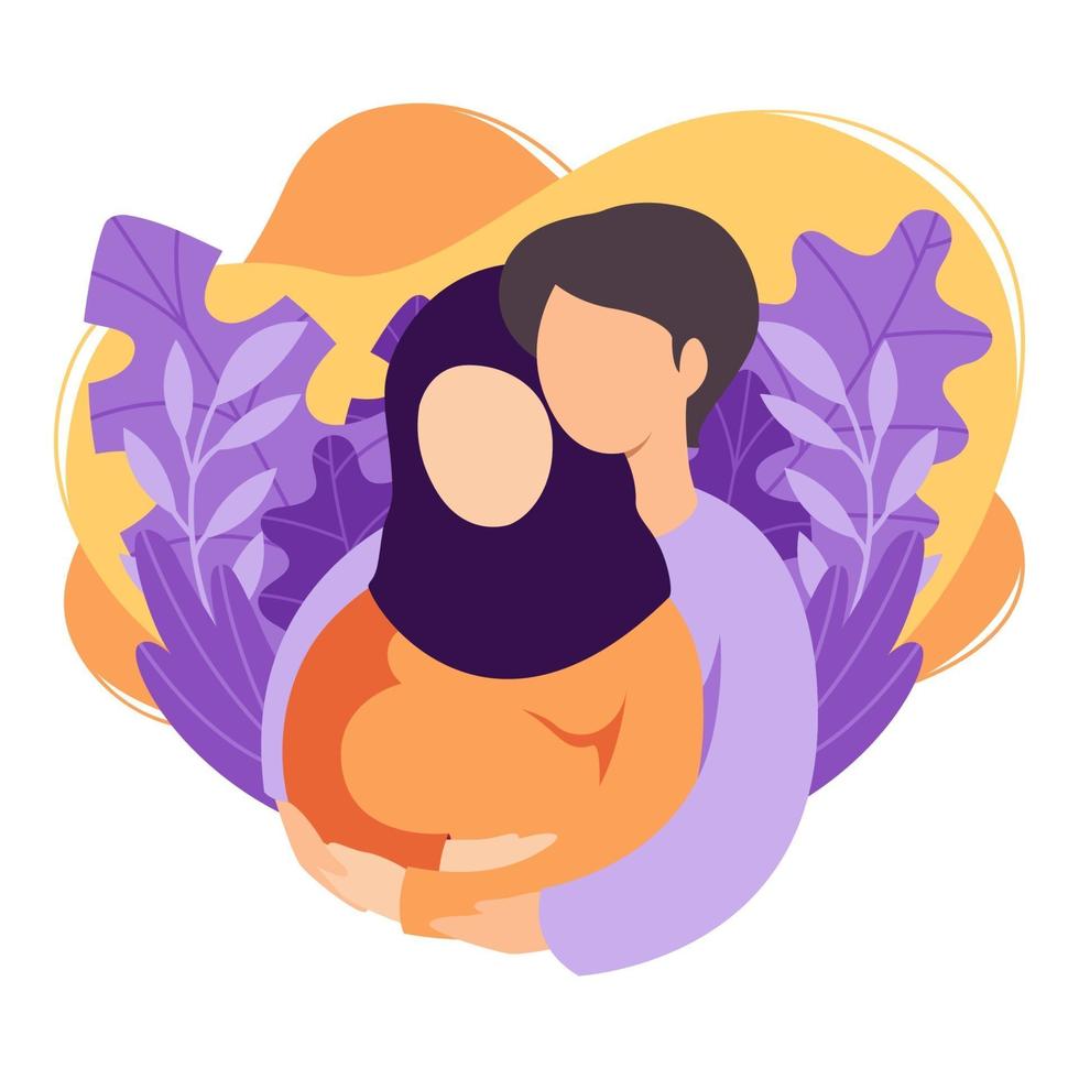 Future muslim parents man and woman are expecting a baby. Islamic couple of husband and wife prepare become parents. Man embracing pregnant woman with belly. Maternity, fatherhood. Flat vector. vector