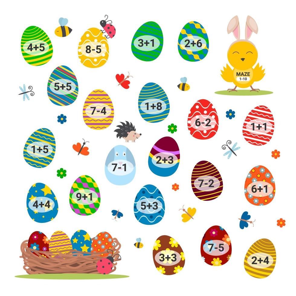 Maze game for children. Educational children math Easter maze activity. vector