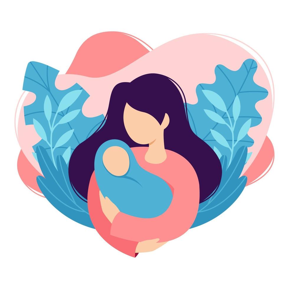 Mother holds the baby in her arms. Woman cradles a newborn. Cartoon design, health, care, maternity parenting. Vector illustration isolated on white background in trendy flat style.