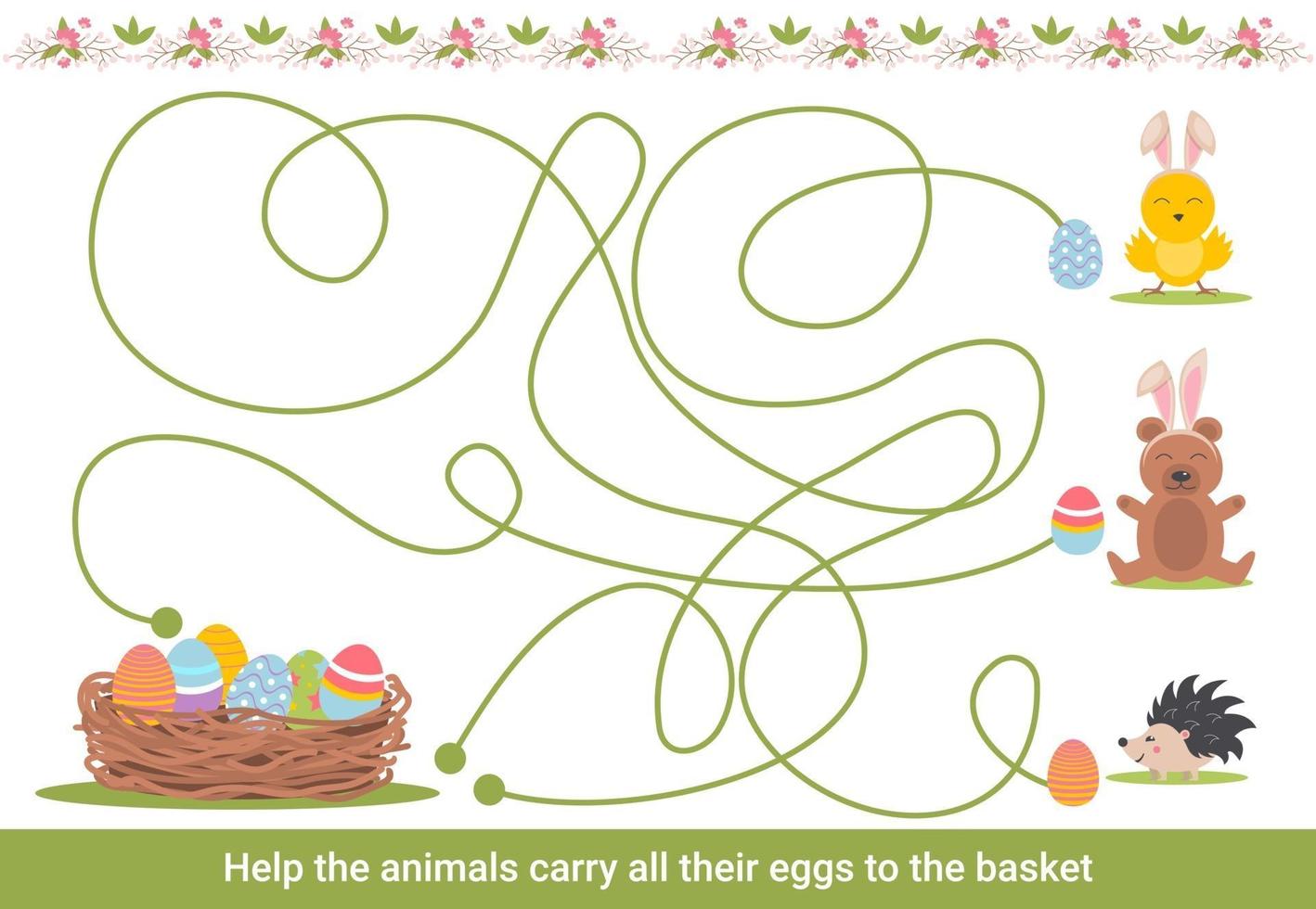 Easter maze for children. Preschool Christmas activity. Spring puzzle game with cute animals. vector