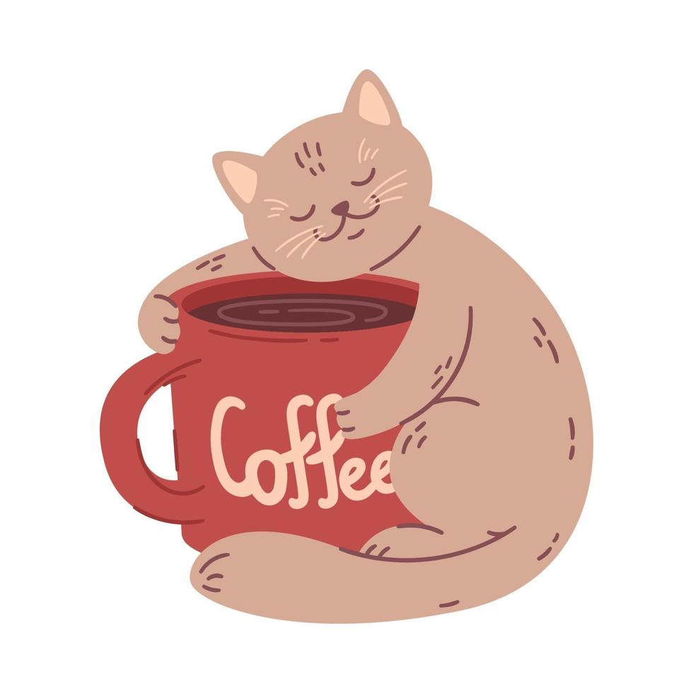 gato abraza una gran taza de café. ilustración vectorial para cafeterías. aislado sobre fondo blanco. se puede utilizar para menú, logotipo o volante, tarjeta de felicitación, camiseta de diseño, impresión o póster. vector