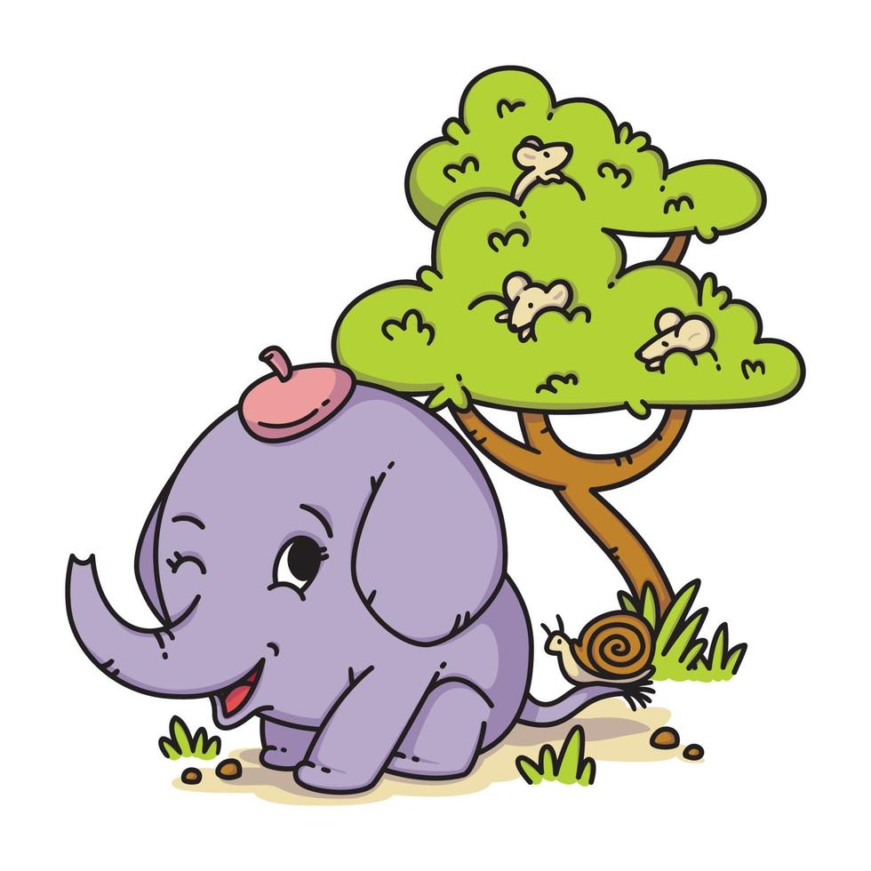 Elephant in a hat with snail on tail and mouse on a tree. Cartoon animal character vector illustration isolated on white background.