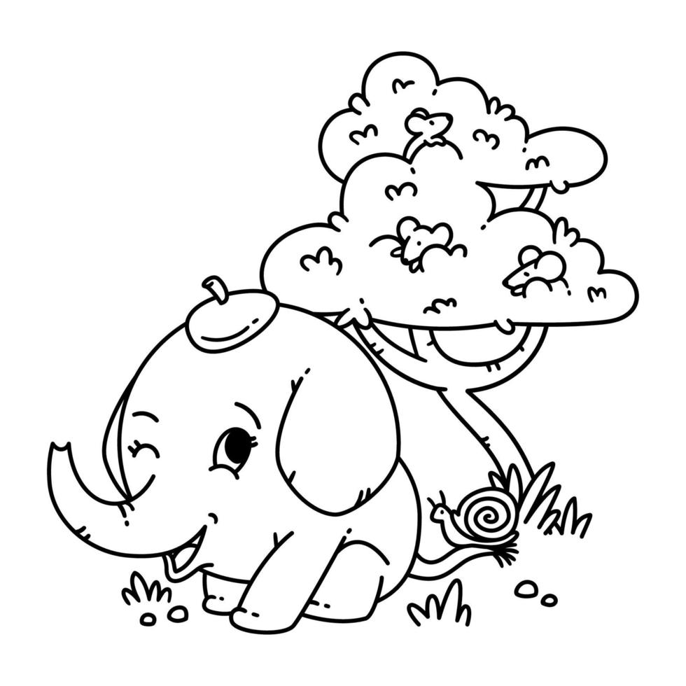 elefante con sombrero con caracol en la cola y ratón en un árbol. Ilustración de vector de personaje animal de dibujos animados aislado sobre fondo blanco. para colorear página y libro.