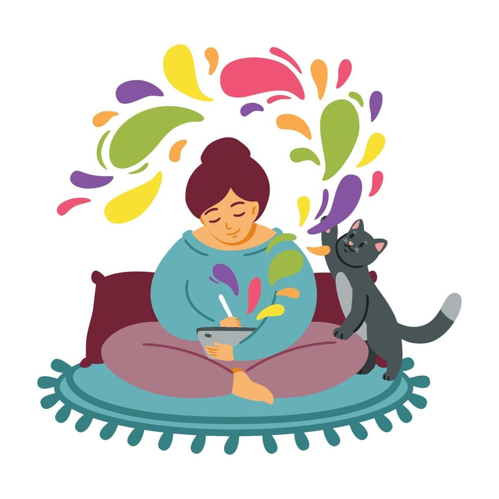 niña dibuja en una tableta. el gato juega en la alfombra. la mujer pasa el tiempo cómodamente en su trabajo favorito. diseñador freelance, trabajo desde casa. computadora o arte digital. Se creativo. ilustración vectorial plana. vector