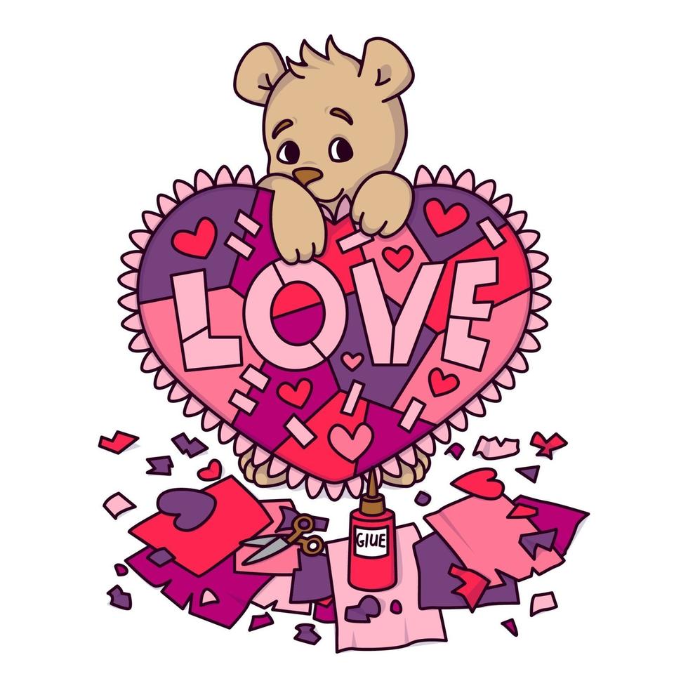 tarjeta de felicitación del día de San Valentín con osito de peluche con corazón de scrapbook. 14 de febrero tarjeta de felicitación con corazones. ilustración vectorial aislado sobre fondo blanco. imprimir para invitaciones, postal. vector