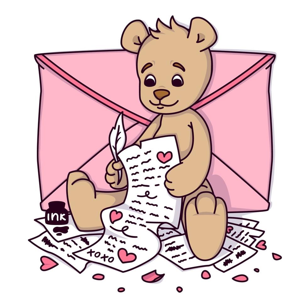 Teddy bear writes a love letter. Valentines day greeting card with hearts and envelope. Print for kids invitations, greetings postcard. Vector illustration isolated on white background.