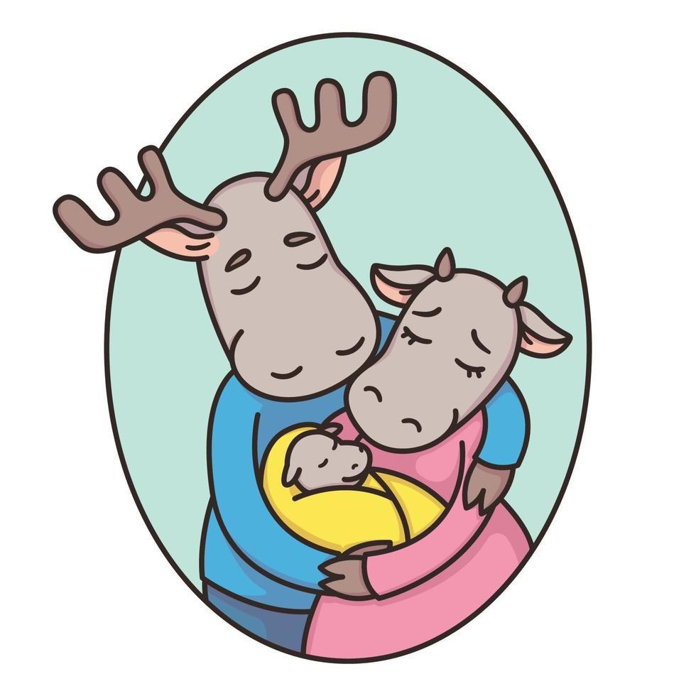 Family of deer or moose in an oval frame. Dad, mom, newborn. Father, mother and baby. True love. Cartoon animal character vector illustration isolated on white background.
