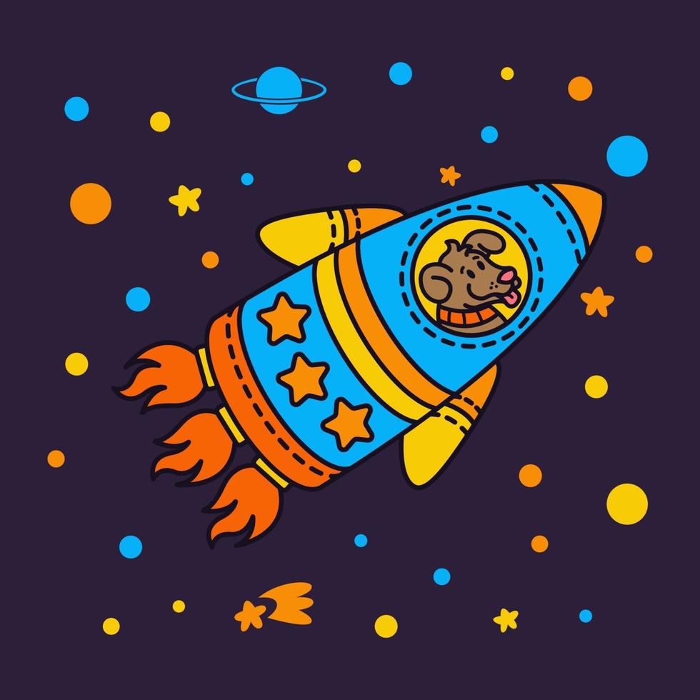 Dog in a rocket spaceship. Star galaxy. Cute cosmonaut dog in outer space. Vector illustration on the space theme in childish style.