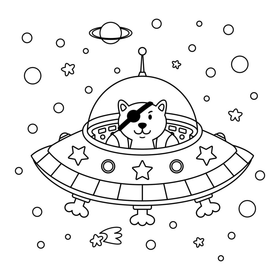 pirata gato alienígena en una nave espacial en una galaxia estelar. lindo gato cosmonauta en el espacio ultraterrestre. Ilustración de contorno vectorial sobre el tema espacial en estilo infantil para colorear libro y página. vector