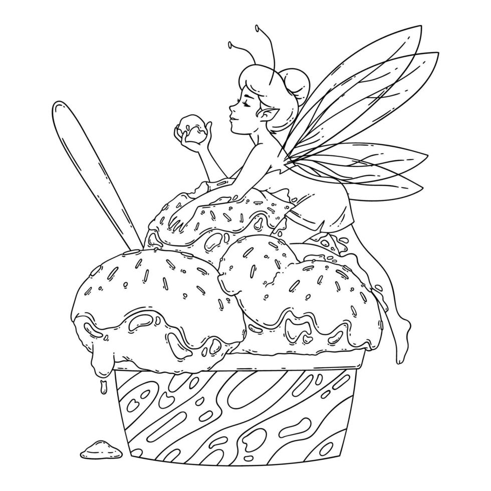 Beautiful fairy lies on balls of ice cream. Outline black and white art. Food art, summer refreshing concept, traditional seasonal cold sweets. Coloring page. Fairytale vector illustration.