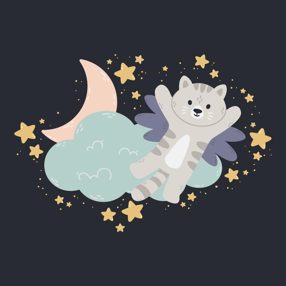 Cat with wings flies past the cloud, the moon, and stars. Dark background. Vector print for baby room, greeting card, kids and baby t-shirts and clothes, wome swear. Good night nursery illustration.