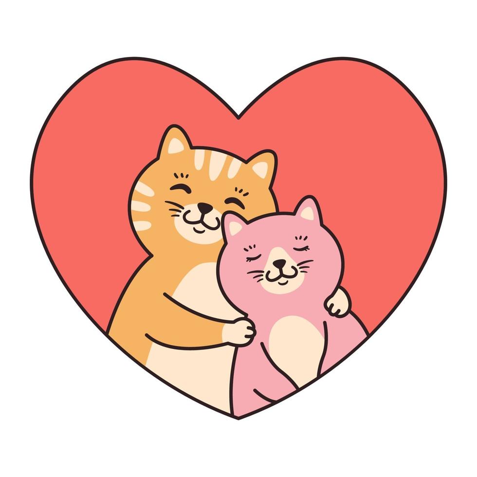 Cat couple in love hug. Greeting cards for Valentines Day, Birthday, Mothers Day. Cartoon animal character vector illustration isolated on white background. Doodle cartoon style.