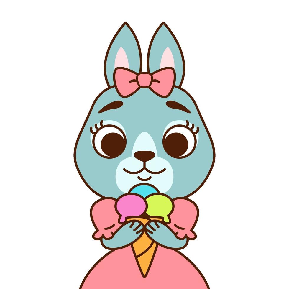 conejo con un moño en la cabeza con un vestido rosa con helado. imprimir para tarjetas de felicitación, decoración de guardería. Ilustración de vector de personaje de dibujos animados animal solated sobre fondo blanco.