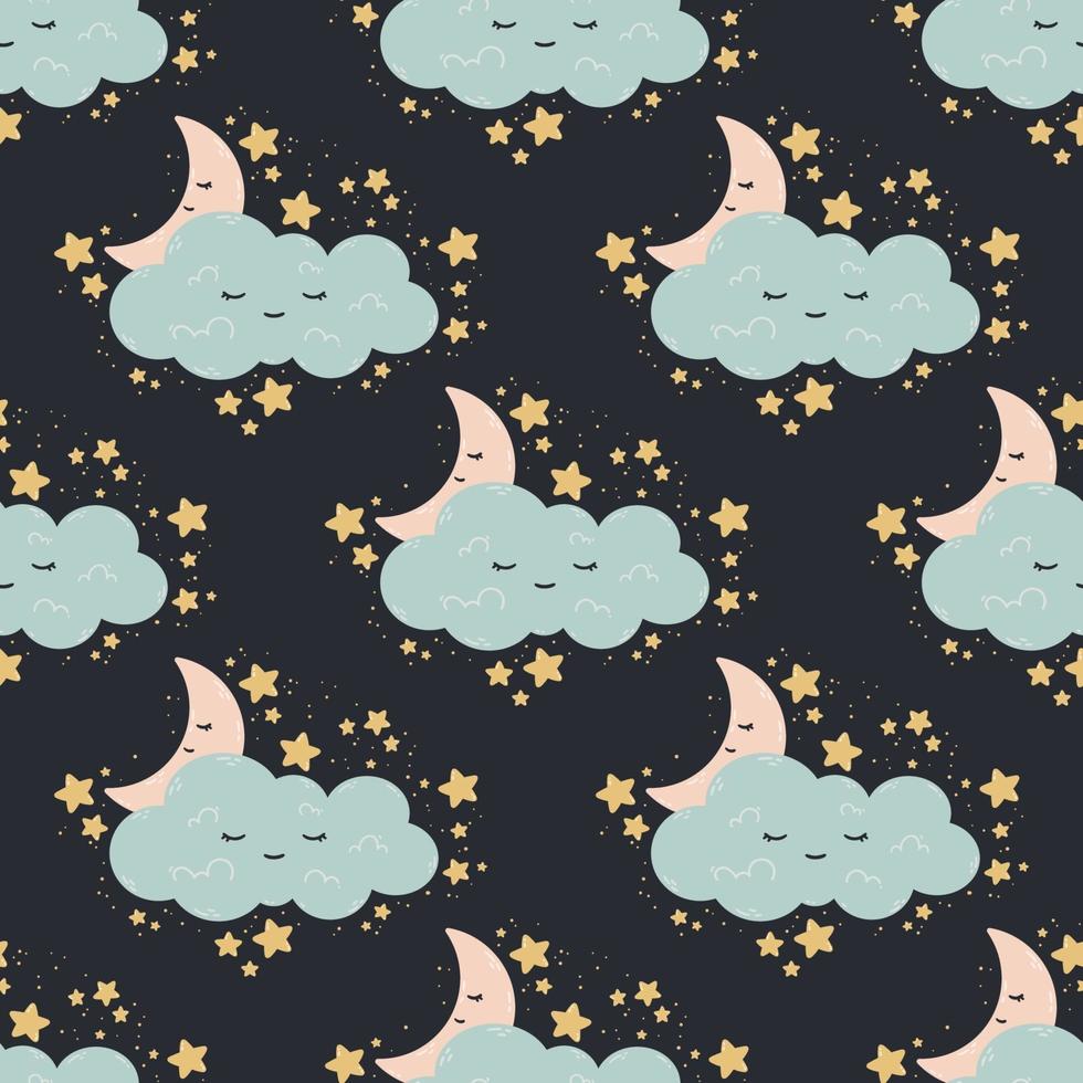 Seamless pattern with moon, stars, cloud on a dark background. Vector print for baby room, greeting card, kids and baby t-shirts and clothes, women wear. Good night, sweet dreams nursery illustration.