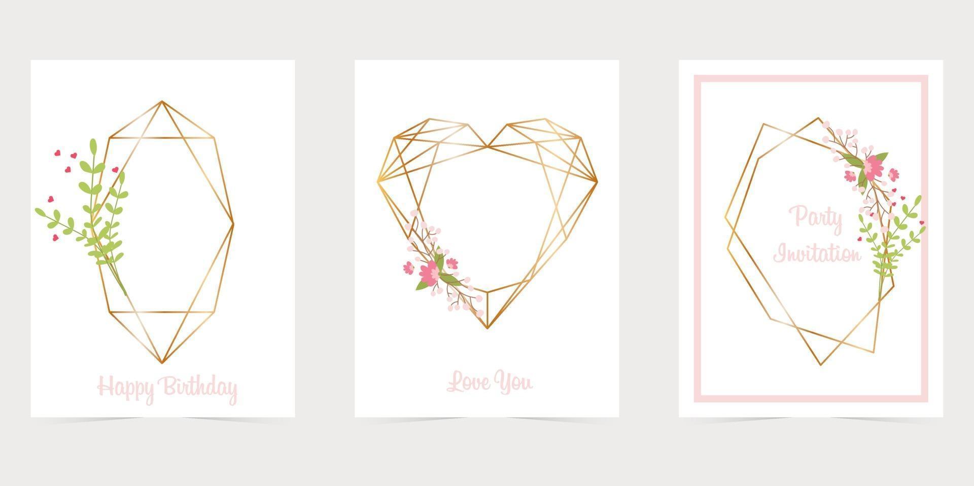 Gold polygonal frame with golden glitter triangles flowers vector