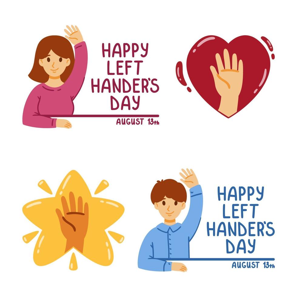 Happy international left handers day. August 13. Set of elements for greeting card. Hand in the star and heart. Vector flat illustration. Boy and girl are sitting with one hand raised. Lefty friend.