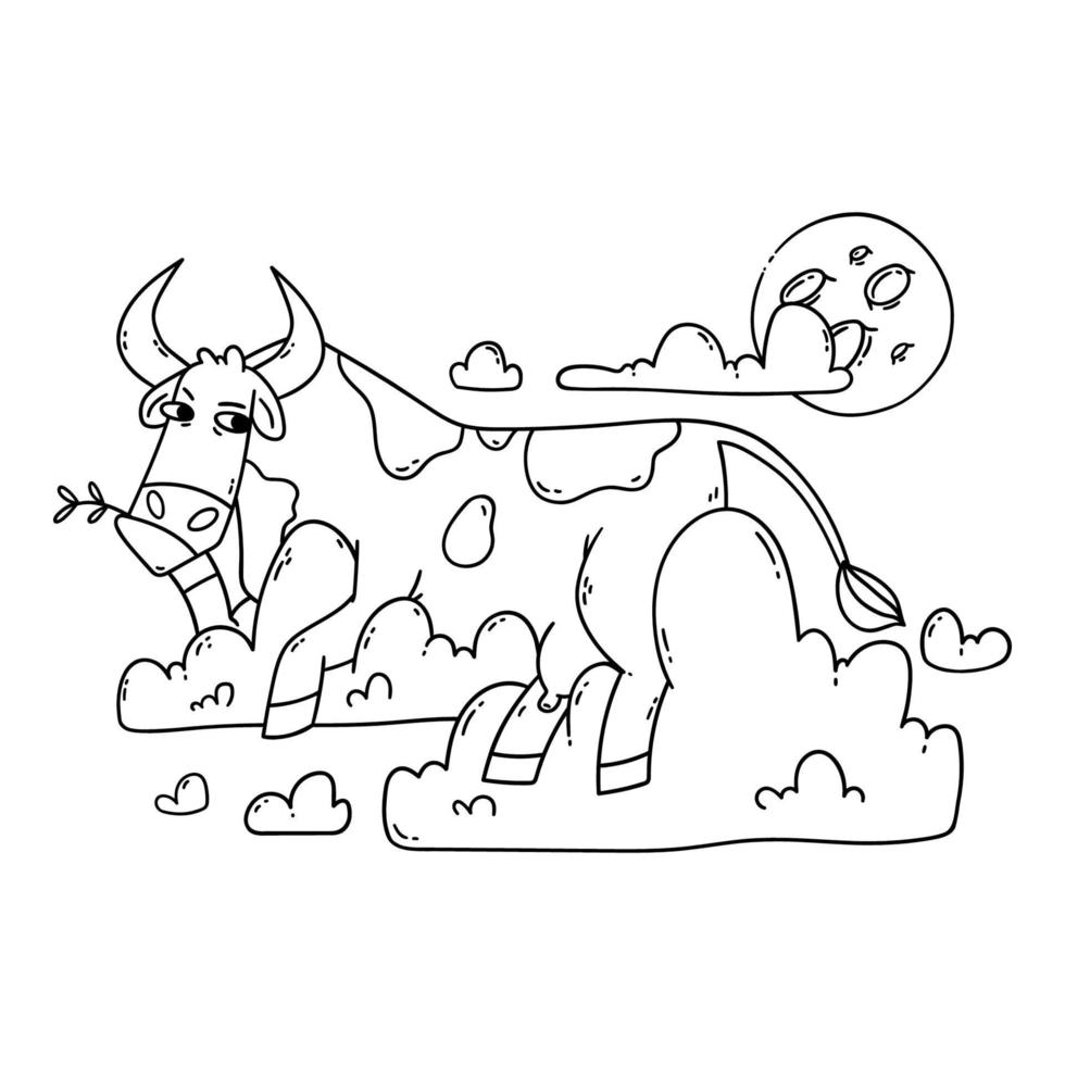 Cow resting on the clouds and looking at the moon. Relax and dreaming. Funny, humor, cartoon animal illustration. Outline, black and white illustration for coloring page. vector