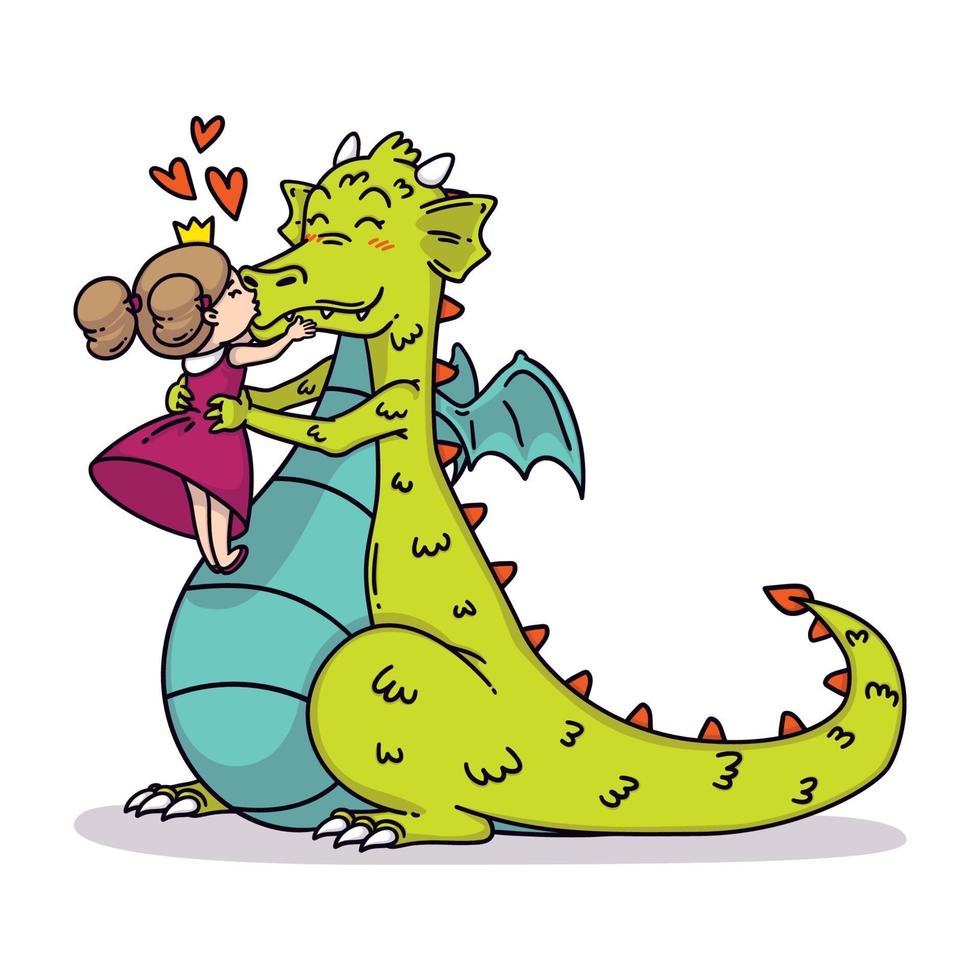 la pequeña princesa besa a un dragón en la nariz. Ilustración de niños de cuento de hadas. tarjeta de feliz dia de san valentin. vector