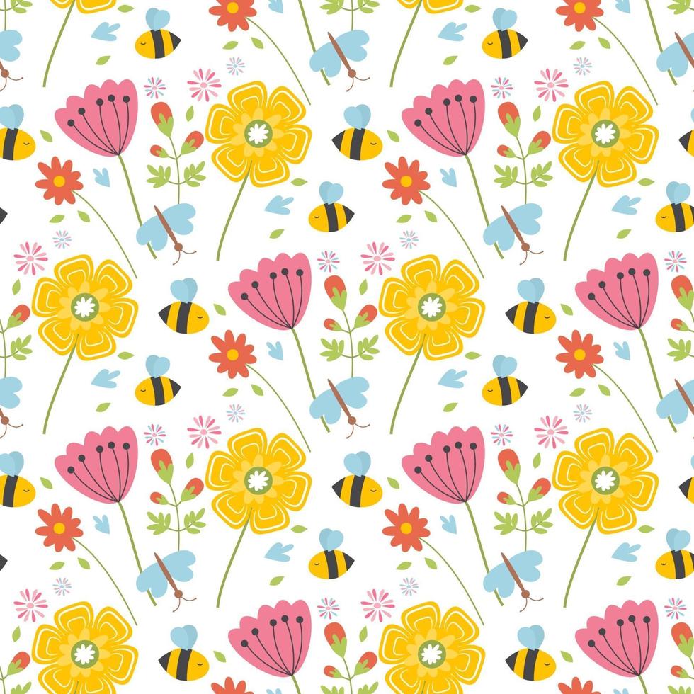 Easter spring seamless pattern with cute animals, birds, bees, butterflies. vector