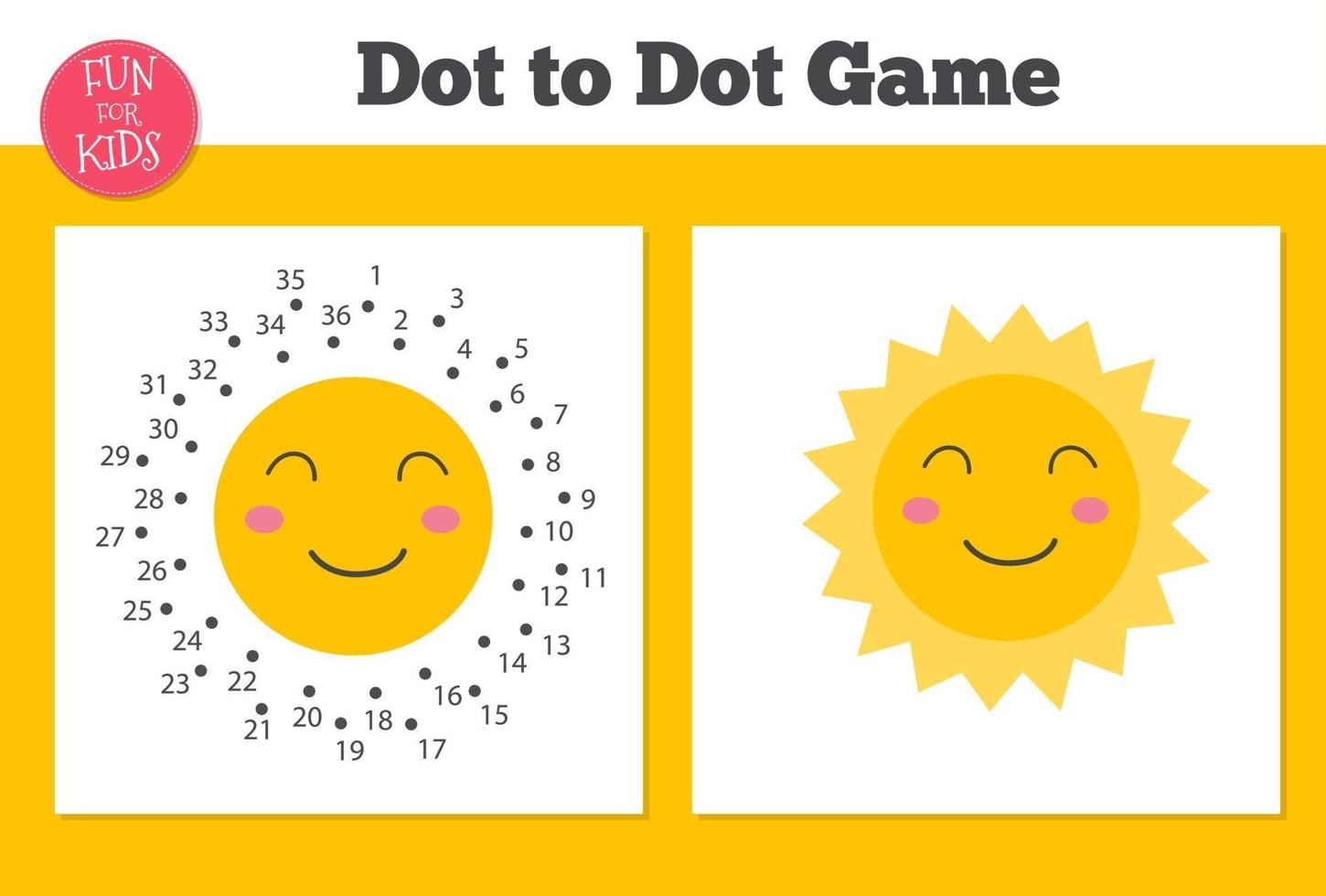 Dot to dot happy sun game for kids home schooling. Coloring page for children education. vector