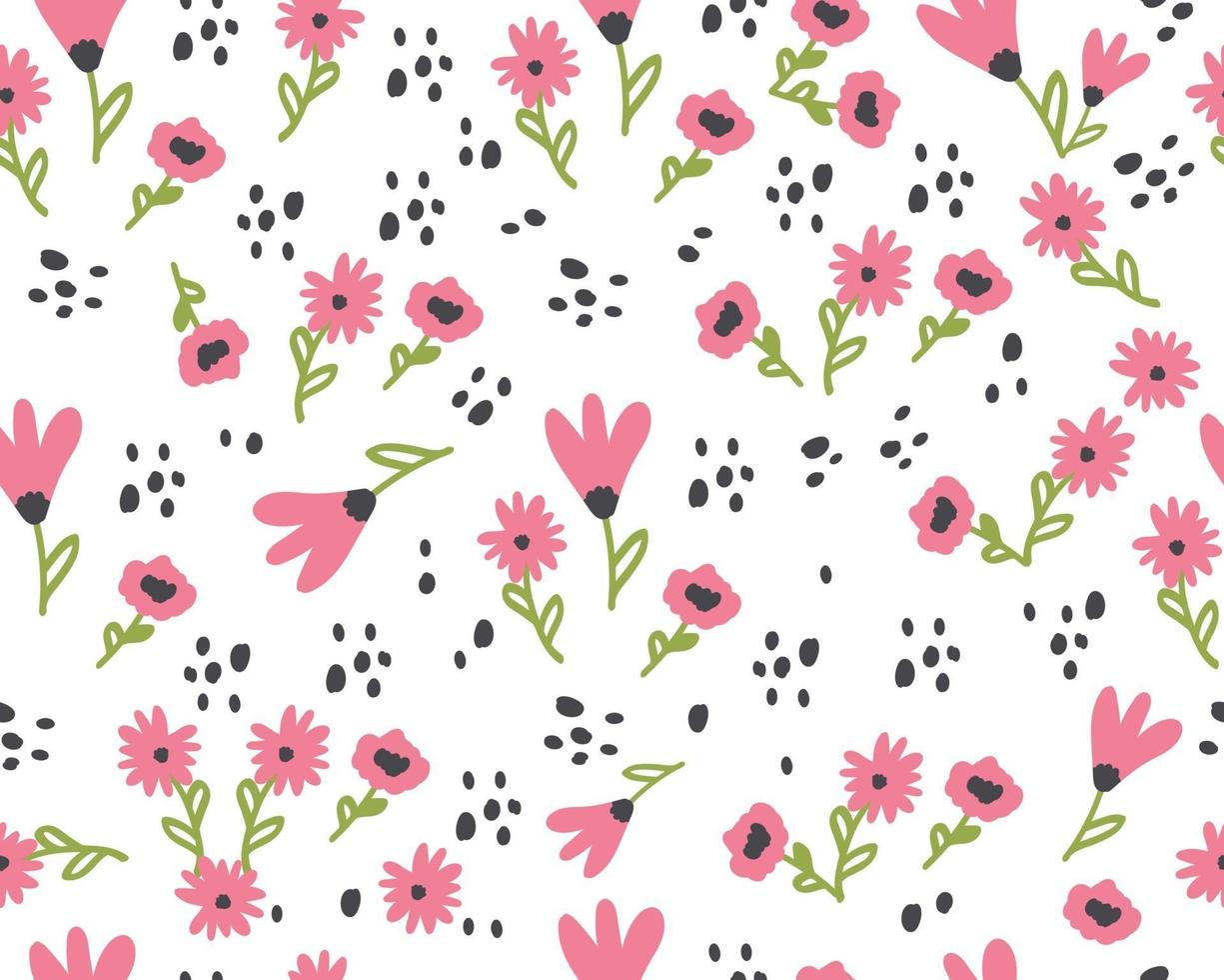 seamless pattern with cute flowers. Hand drawn summer flora textile vector