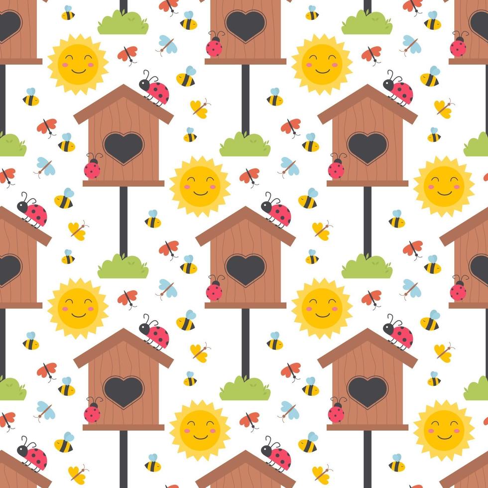 Easter spring seamless pattern with cute birdhouses animals, birds, bees, butterflies. vector