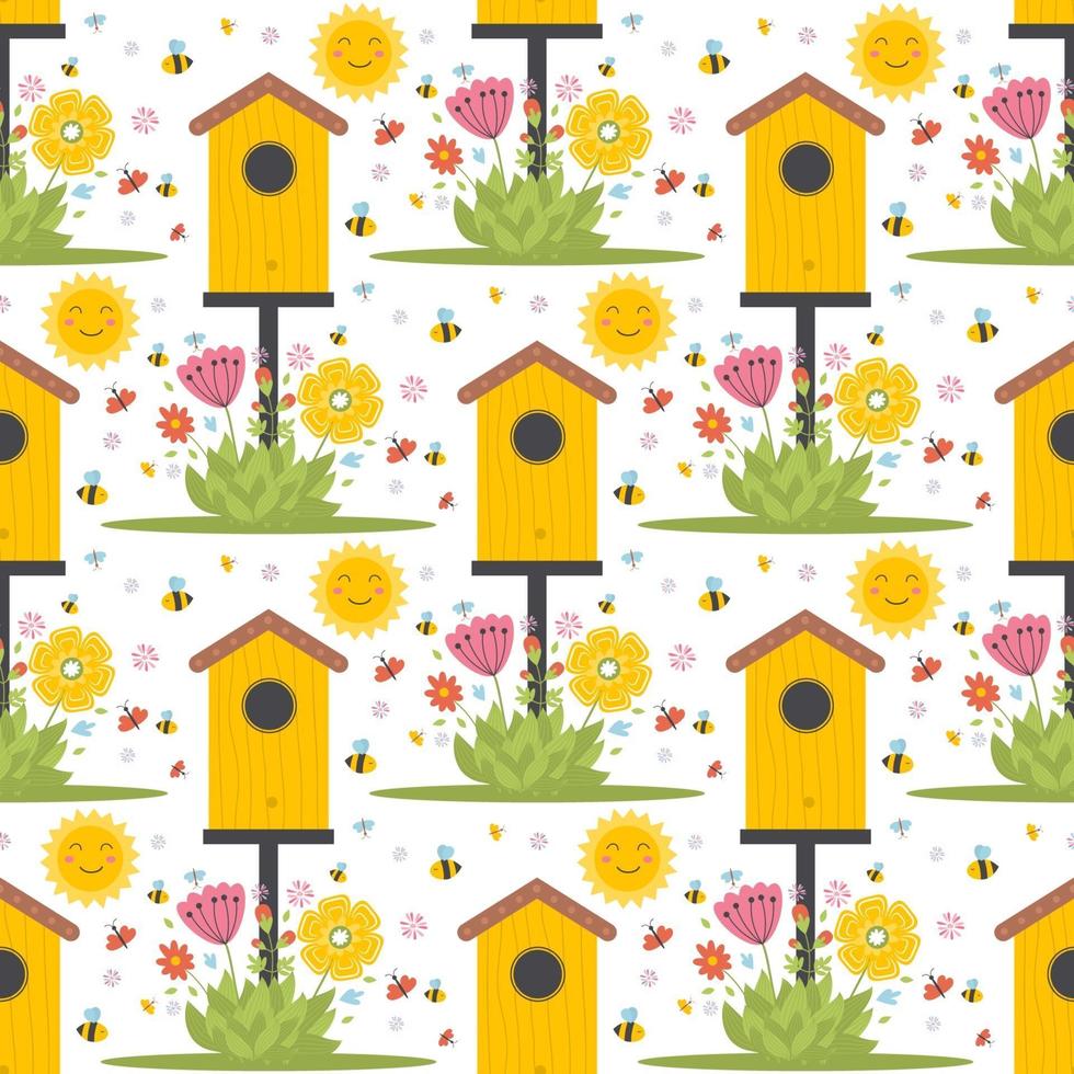 Easter spring seamless pattern with cute animals, birds, bees, butterflies. vector