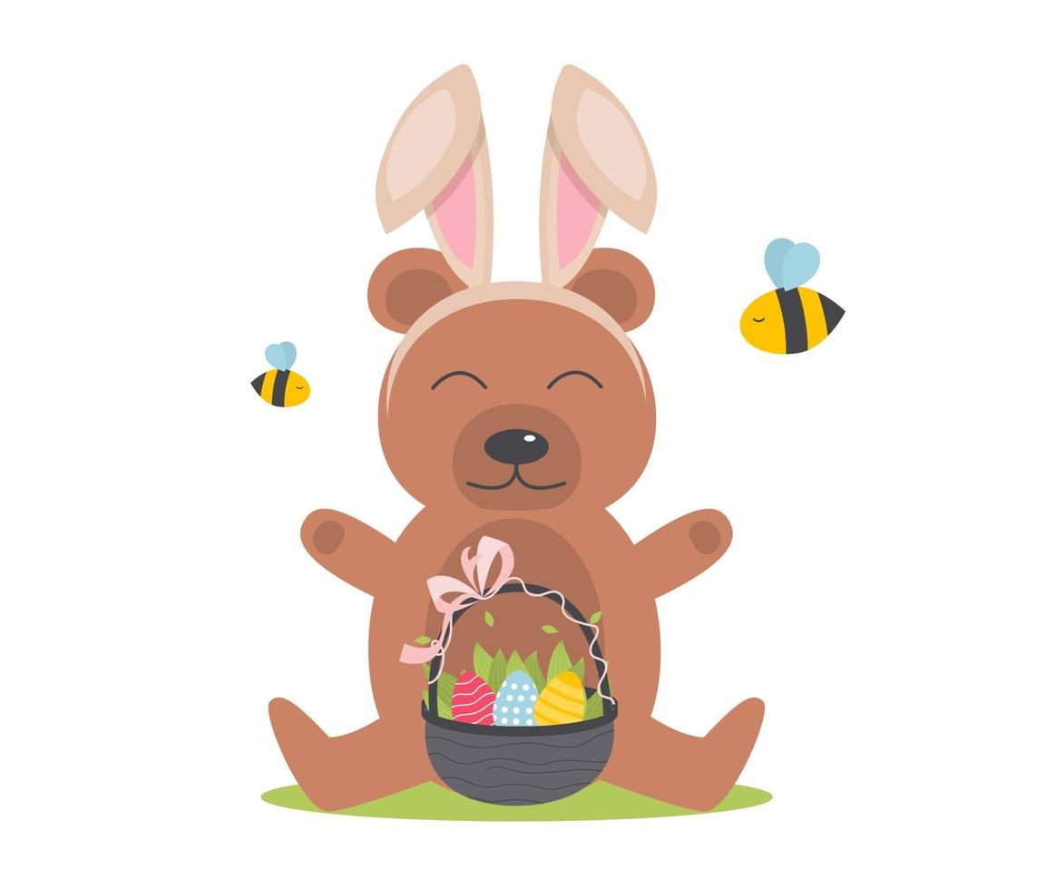 oso con orejas de conejo de pascua en la cabeza vector