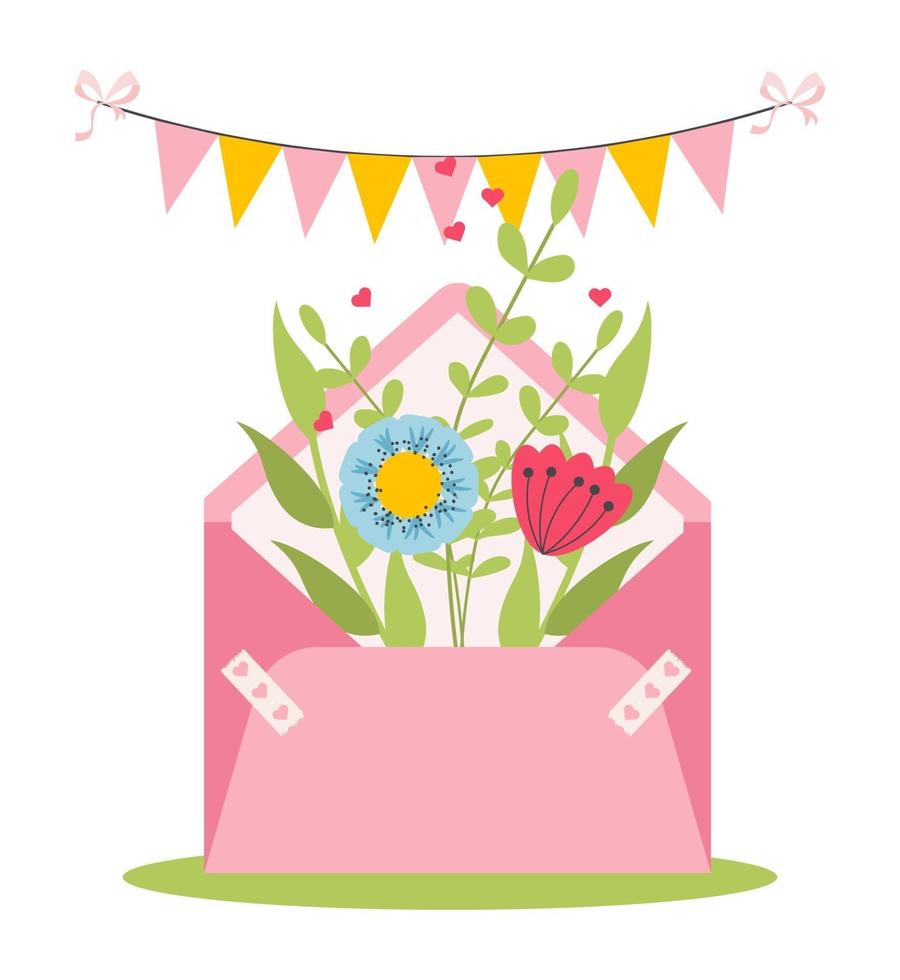 Open mail envelope with easter flowers mimosa and twigs inside. vector