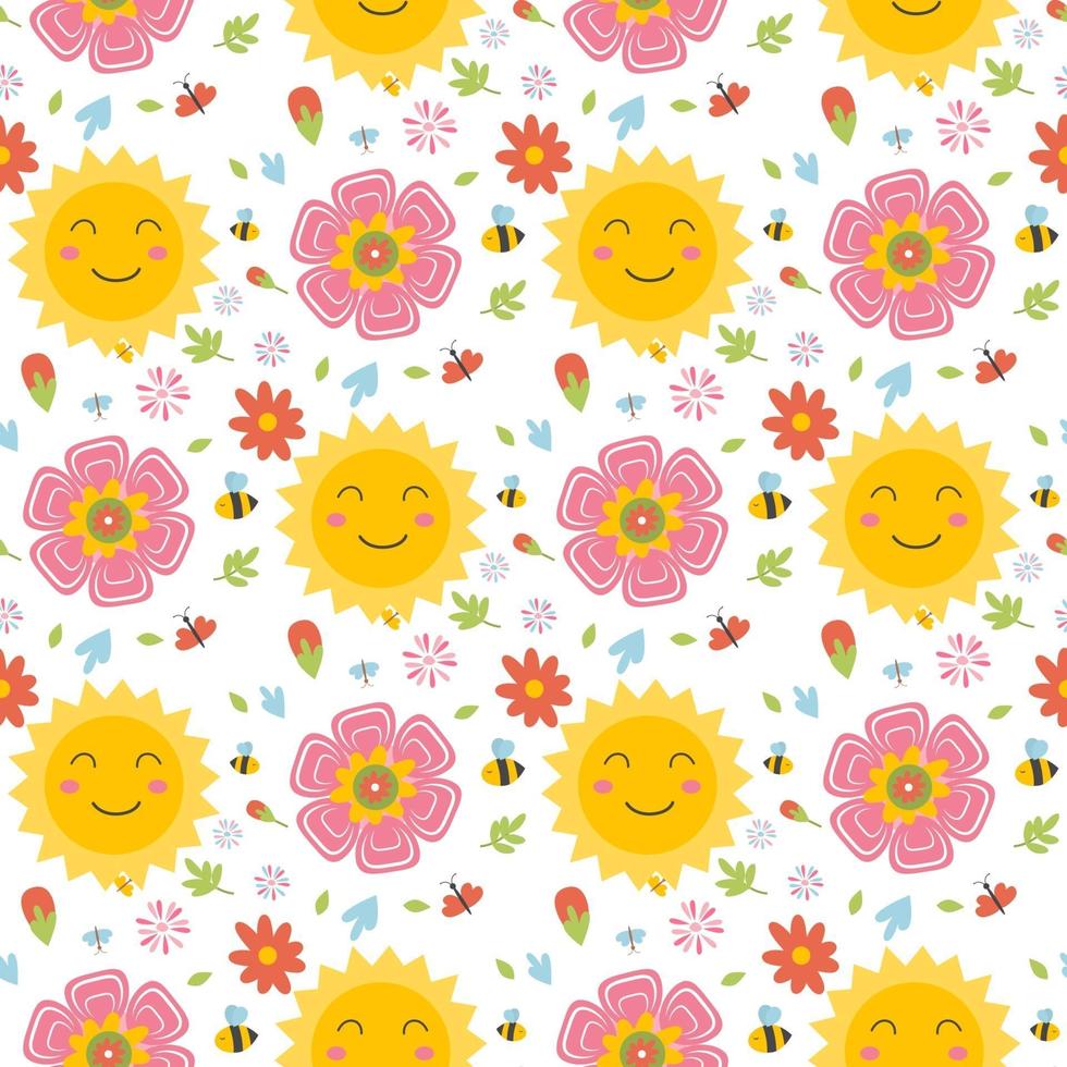 Easter spring seamless pattern with cute animals, birds, bees, butterflies. vector