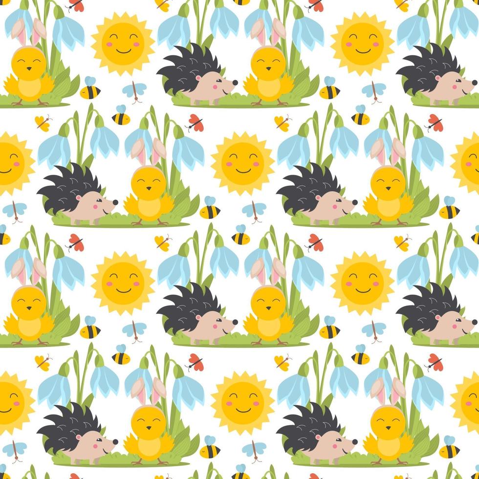 Easter spring seamless pattern with cute animals, birds, bees, butterflies. vector