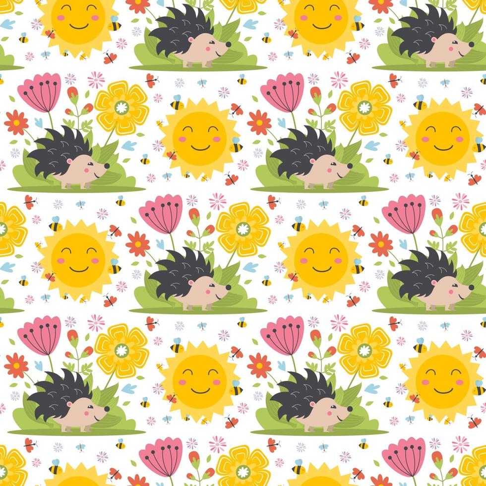 Easter spring seamless pattern with cute animals, birds, bees, butterflies. vector