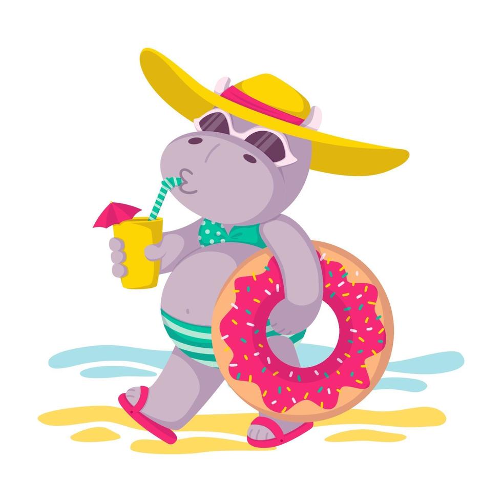 hipopótamo con sombrero y gafas de sol, con círculo inflable de rosquilla y una bebida en la mano va a la playa. humor de verano, mar, sol. Ilustración de niños vector aislado sobre fondo blanco.