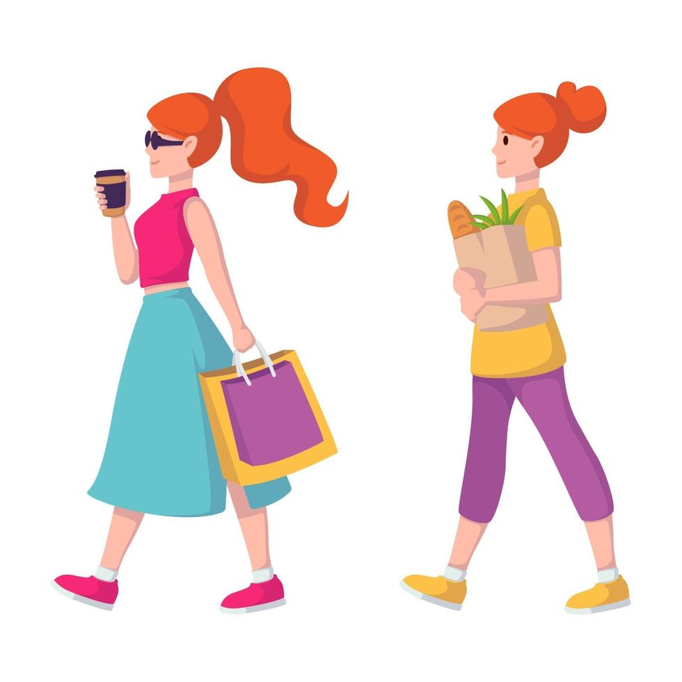 Red-haired lady in sunglasses and with coffee in hand goes to buy clothes. Shopping girl. Ginger hair woman carries a paper bag with groceries from the grocery store. vector