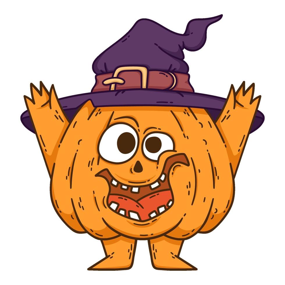 Halloween smiling pumpkin with hands, legs and witch hat. vector