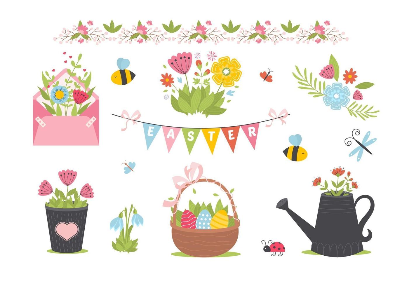 Easter spring set with cute animals, birds, bees, butterflies. vector