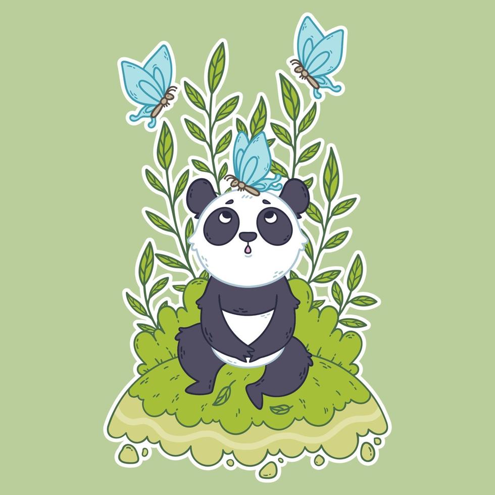 lindo osito panda sentado en un prado y mariposas azules volando alrededor. vector